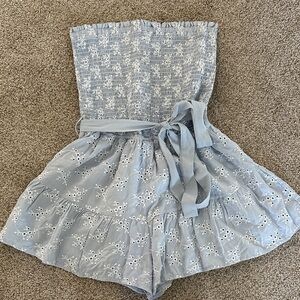 Light Blue summer strapless romper with Bow Detail